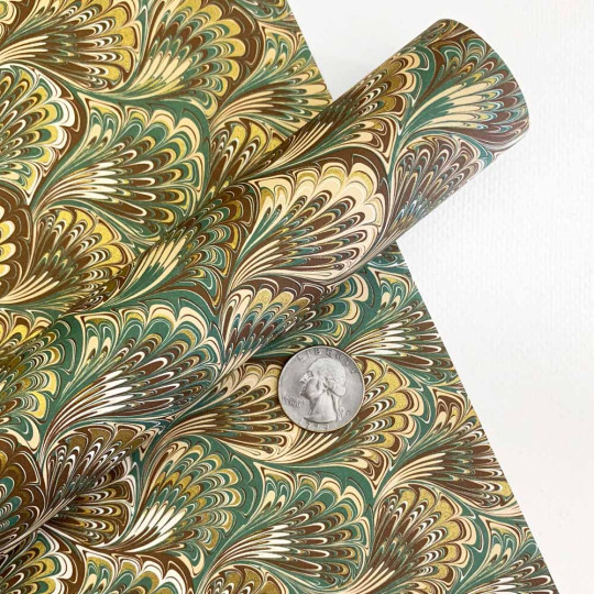 Brown and Green Marbled Feathers Italian Print Paper with Golden Highlights ~ Carta Fiorentina Italy